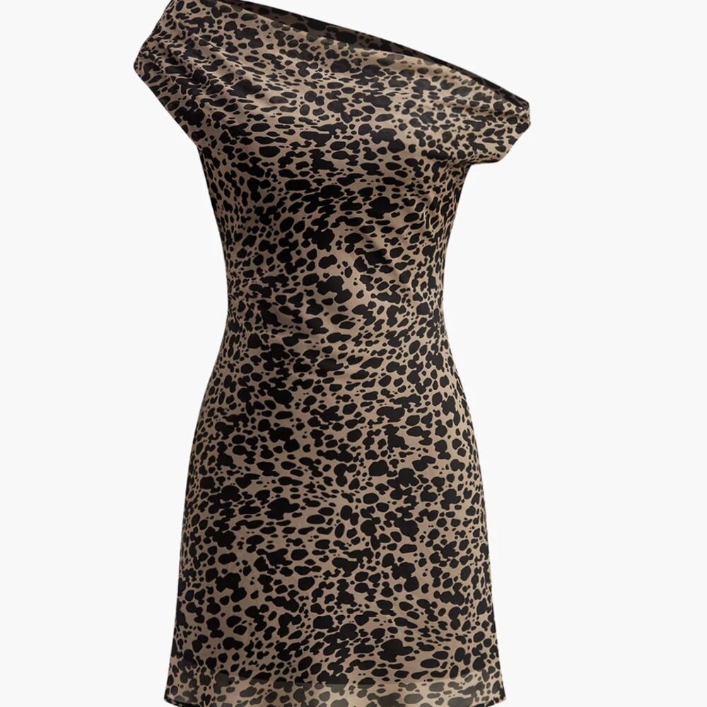 Commense Asymmetric Collar Leopard Printed Short Dress, Size L